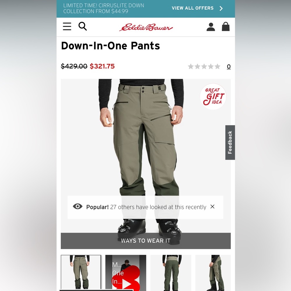 Eddie bauer down in one pants